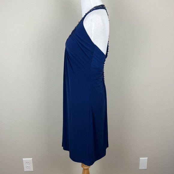 Alex Evenings Dress 4P Navy Blue Pleated Beaded Halter V-Neck Padded Bust Party - Picture 11 of 13